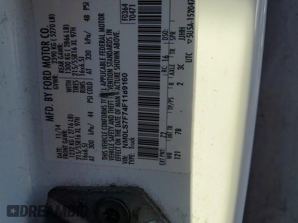 2015 Ford Transit Connect XLT with VIN NM0LS7F74F1189160, listed as a Copart auction lot 86095944 with 191,185 mi miles and Salvage title. Bid and sale history available at DreamBid. Image 13.