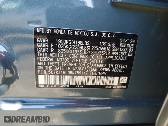 2024 Honda HR-V Sport with VIN 3CZRZ1H50RM759447, listed as a Copart auction lot 42961145 with 10,315 mi miles and Non Repairable. Bid and sale history available at carsss.com. Image 15.