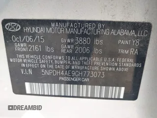 2016 Hyundai Elantra SE with VIN 5NPDH4AE9GH773073, listed as a IAAI auction lot 42134108 with 113,398 mi miles and . Bid and sale history available at DreamBid. Image 9.
