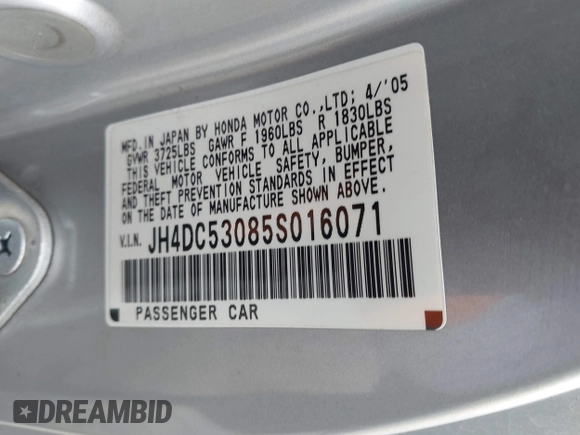 2005 Acura RSX Type S with VIN JH4DC53085S016071, listed as a IAAI auction lot 42072650 with 125,556 mi miles and . Bid and sale history available at DreamBid. Image 9.