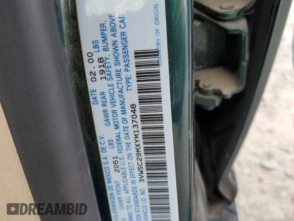 2000 Volkswagen Jetta z VIN 3VWSC29MXYM137048, wystawiony jako Copart lot #68948614 z przebiegiem 76 167 mil mil oraz Szkoda całkowita • Salvage title. Historia ofert i sprzedaży dostępna na DreamBid. Obrazek 12.