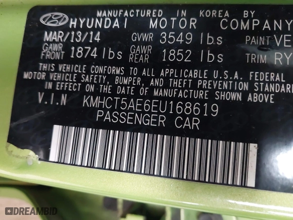 2014 Hyundai Accent GS with VIN KMHCT5AE6EU168619, listed as a IAAI auction lot 41856429 with 227,552 mi miles. Bid and sale history available at carsss.com. Image 9.