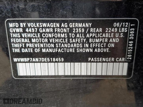 2013 Volkswagen CC Sport with VIN WVWBP7AN7DE518459, listed as a Copart auction lot 89412375 with 309,596 mi miles and Salvage Title. Bid and sale history available at carsss.com. Image 12.