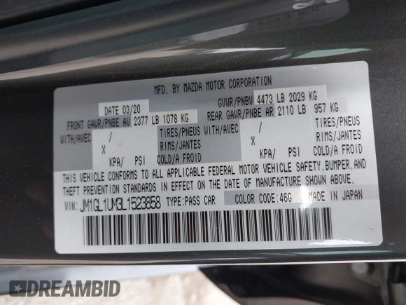 2020 Mazda 6 Sport with VIN JM1GL1UM3L1523858, listed as a IAAI auction lot 41506321 with 49,102 mi miles and . Bid and sale history available at DreamBid. Image 9.