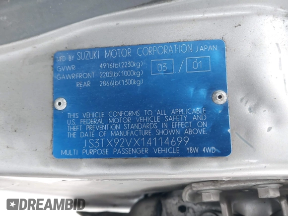 2001 Suzuki XL7 Standard z VIN JS3TX92VX14114699, wystawiony jako IAAI lot #41085552 z przebiegiem 195 316 mil mil oraz . Historia ofert i sprzedaży dostępna na DreamBid. Obrazek 9.