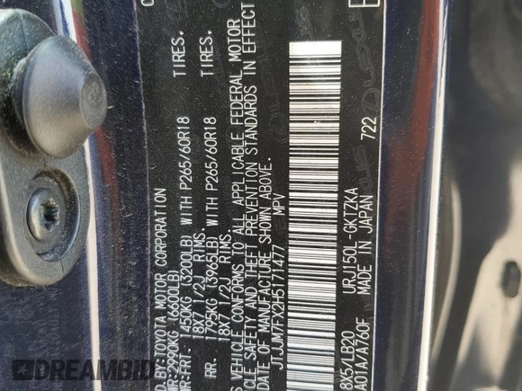 2017 Lexus GX 460 z VIN JTJJM7FX2H5171477, wystawiony jako Copart lot #72728544 z przebiegiem 124 073 mil mil oraz Szkoda całkowita • Salvage title. Historia ofert i sprzedaży dostępna na DreamBid. Obrazek 14.