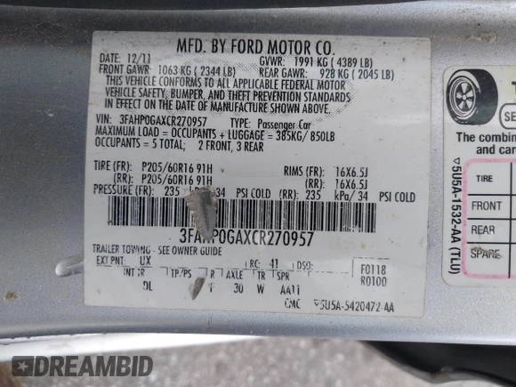 2012 Ford Fusion S with VIN 3FAHP0GAXCR270957, listed as a IAAI auction lot 42122294 with 230,489 mi miles and . Bid and sale history available at carsss.com. Image 9.