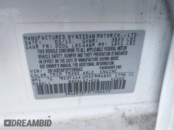 2015 Nissan Sentra SV with VIN 3N1AB7AP3FY286642, listed as a IAAI auction lot 42120267 with 137,681 mi miles and . Bid and sale history available at DreamBid. Image 9.