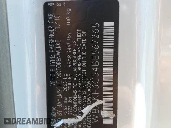 2011 BMW 3 Series 328i xDrive with VIN WBAKF3C54BE567265, listed as a Copart auction lot 65961145 with 110,521 mi miles and Salvage title. Bid and sale history available at DreamBid. Image 12.