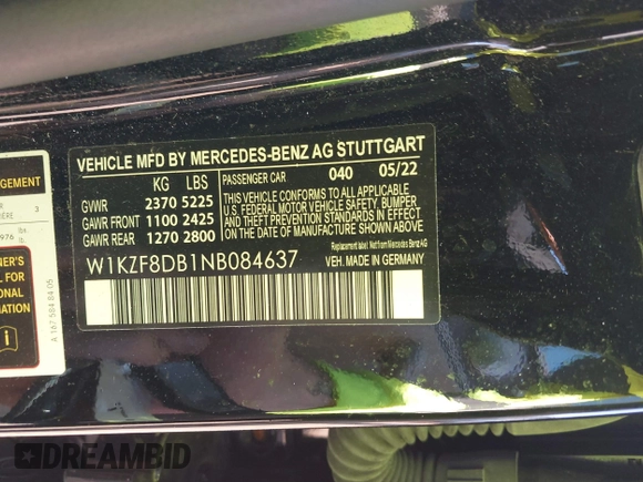 2022 Mercedes-Benz E-Class E 350 with VIN W1KZF8DB1NB084637, listed as a IAAI auction lot 41504750 with 21,046 mi miles. Bid and sale history available at carsss.com. Image 9.