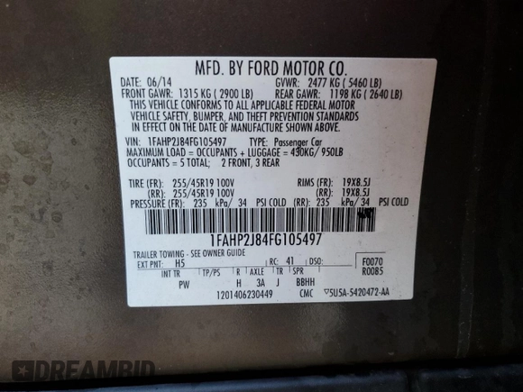 2015 Ford Taurus Limited with VIN 1FAHP2J84FG105497, listed as a Copart auction lot 85284804 with Not Provided miles and Salvage Title. Bid and sale history available at carsss.com. Image 12.