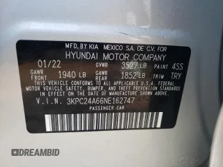 2022 Hyundai Accent SE с VIN 3KPC24A66NE162747, выставлен на аукционе Copart как лот 57546194 с пробегом 2 080 миль миль и На запчасти • Non repairable. История ставок и продаж доступна на DreamBid. Изображение 10.