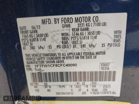 2012 Ford F-150 XL with VIN 1FTFW1CF8CFC40090, listed as a IAAI auction lot 41980374 with 222,869 mi miles. Bid and sale history available at carsss.com. Image 9.