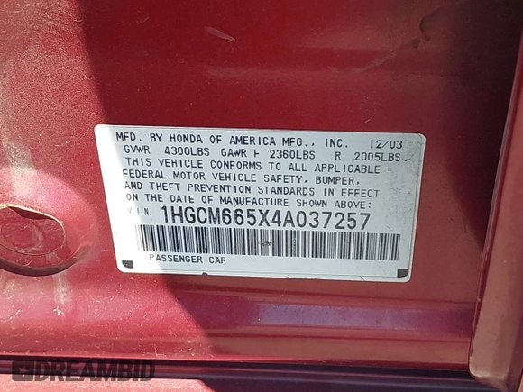 2004 Honda Accord EX with VIN 1HGCM665X4A037257, listed as a IAAI auction lot 42630108 with Not provided miles and . Bid and sale history available at DreamBid. Image 9.