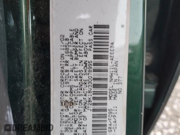 2003 Toyota Prius with VIN JT2BK18U330078995, listed as a Copart auction lot 87923155 with 149,902 mi miles and Salvage Title. Bid and sale history available at carsss.com. Image 12.