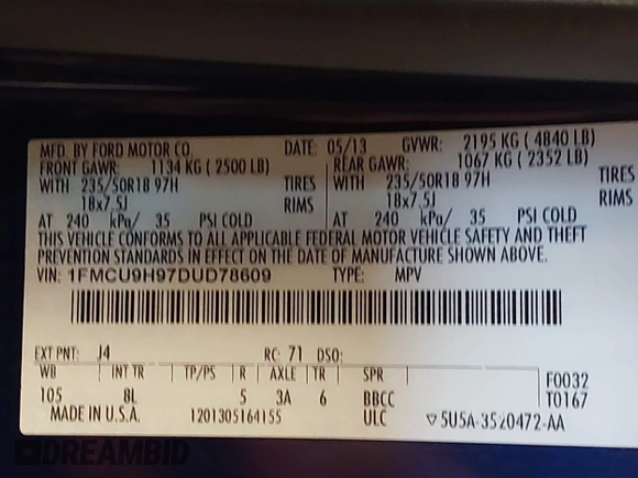 2013 Ford Escape SEL с VIN 1FMCU9H97DUD78609, выставлен на аукционе IAAI как лот 42512197 с пробегом 152 866 миль миль и . История ставок и продаж доступна на DreamBid. Изображение 9.