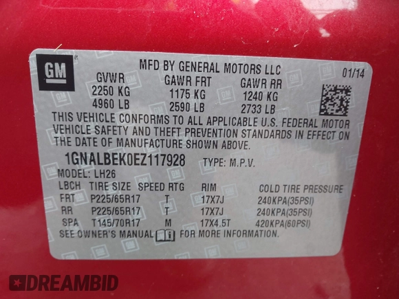 2014 Chevrolet Equinox LT with VIN 1GNALBEK0EZ117928, listed as a IAAI auction lot 41910173 with 113,634 mi miles. Bid and sale history available at carsss.com. Image 9.