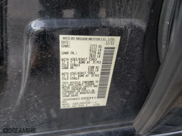 2012 Nissan Pathfinder SV with VIN 5N1AR1NBXCC609945, listed as a Copart auction lot 85562514 with 97,785 mi miles and Salvage Title. Bid and sale history available at carsss.com. Image 14.