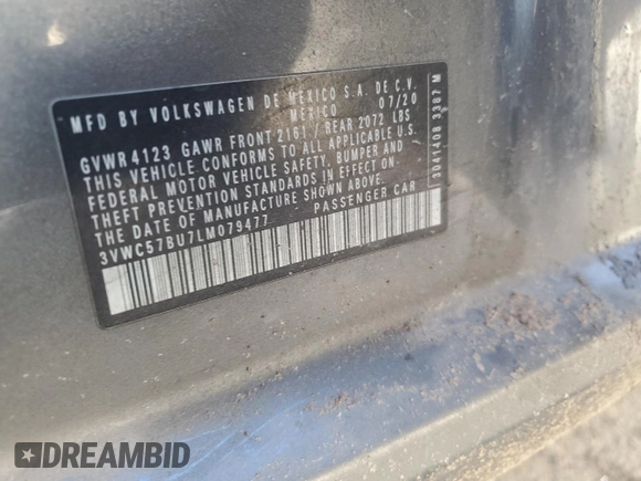 2020 Volkswagen Jetta S z VIN 3VWC57BU7LM079477, wystawiony jako Copart lot #45766475 z przebiegiem 51 414 mil mil oraz Szkoda całkowita • Salvage title. Historia ofert i sprzedaży dostępna na DreamBid. Obrazek 12.