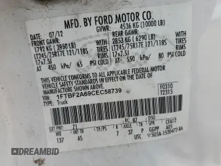 2012 Ford F-250 XL with VIN 1FTBF2A69CEC58739, listed as a Copart auction lot 51426305 with 81,337 mi miles and Salvage title. Bid and sale history available at DreamBid. Image 12.