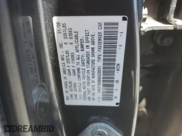 2008 Honda Accord EX-L с VIN 1HGCP36888A029051, выставлен на аукционе Copart как лот 60641195 с пробегом 177 010 миль миль и Списание • Salvage title. История ставок и продаж доступна на DreamBid. Изображение 12.