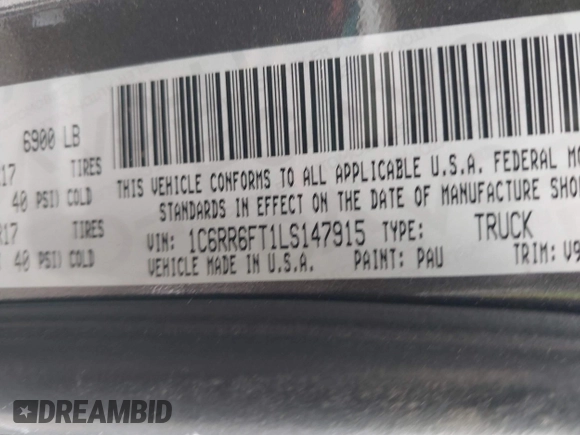 2020 Ram 1500 Tradesman with VIN 1C6RR6FT1LS147915, listed as a IAAI auction lot 41786930 with 55,160 mi miles and . Bid and sale history available at DreamBid. Image 9.