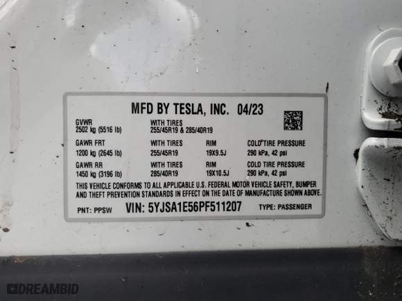 2023 Tesla Model S with VIN 5YJSA1E56PF511207, listed as a Copart auction lot 89173355 with 7,152 mi miles and Salvage Title. Bid and sale history available at carsss.com. Image 12.