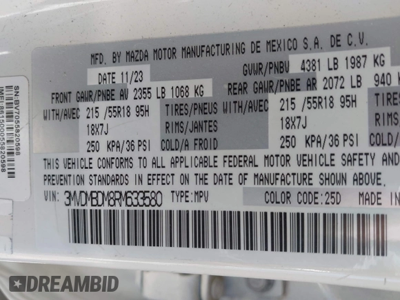 2024 Mazda CX-30 S Premium with VIN 3MVDMBDM8RM633580, listed as a IAAI auction lot 42152915 with 18,679 mi miles and . Bid and sale history available at DreamBid. Image 9.