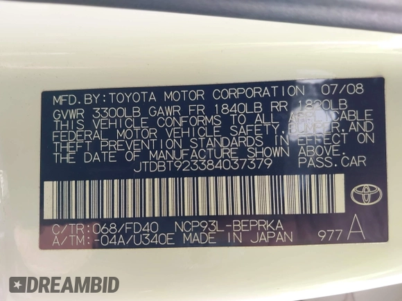 2008 Toyota Yaris with VIN JTDBT923384037379, listed as a IAAI auction lot 41885421 with 138,811 mi miles. Bid and sale history available at carsss.com. Image 9.