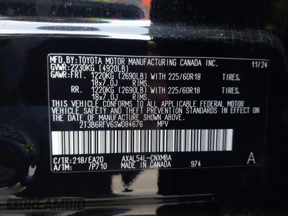 2025 Toyota RAV4 Hybrid XLE Premium with VIN 2T3B6RFV6SW084676, listed as a IAAI auction lot 41923759 with 15,856 mi miles and . Bid and sale history available at DreamBid. Image 9.
