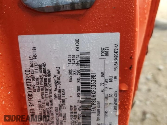 2015 Ford Mustang EcoBoost Premium with VIN 1FATP8UHXF5363981, listed as a Copart auction lot 45922555 with Not provided miles and Salvage title. Bid and sale history available at DreamBid. Image 13.