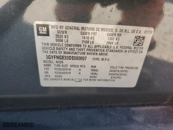 2013 Cadillac SRX Luxury Collection with VIN 3GYFNGE33DS580697, listed as a Copart auction lot 47230515 with 102,708 mi miles and Salvage Title. Bid and sale history available at carsss.com. Image 13.