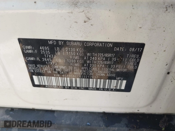 2018 Subaru Outback Premium with VIN 4S4BSACC6J3217837, listed as a IAAI auction lot 42463248 with 31,004 mi miles and . Bid and sale history available at DreamBid. Image 9.