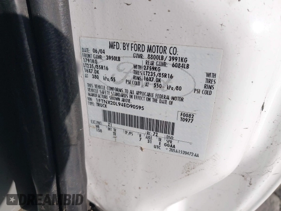 2004 Ford Super Duty F-250 XL with VIN 1FTNX20L94ED90595, listed as a IAAI auction lot 41524660 with 1 mi miles. Bid and sale history available at carsss.com. Image 9.