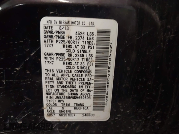2013 Nissan Rogue S with VIN JN8AS5MV0DW659608, listed as a IAAI auction lot 42002510 with 124,353 mi miles and . Bid and sale history available at DreamBid. Image 9.