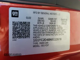 2022 Chevrolet Corvette 3LT z VIN 1G1YC2D48N5112678, wystawiony jako Copart lot #46190125 z przebiegiem 1 518 mil mil oraz Szkoda całkowita • Salvage title. Historia ofert i sprzedaży dostępna na DreamBid. Obrazek 12.
