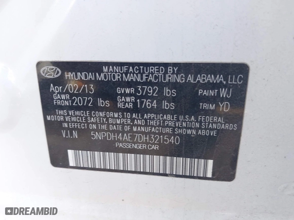 2013 Hyundai Elantra GLS with VIN 5NPDH4AE7DH321540, listed as a IAAI auction lot 41777902 with 128,514 mi miles. Bid and sale history available at carsss.com. Image 9.