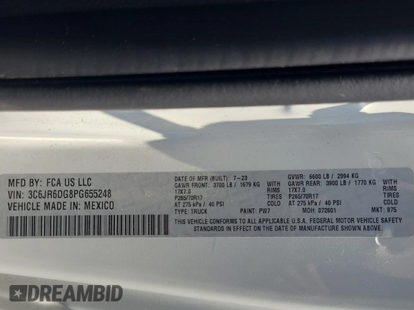 2023 Ram 1500 Tradesman with VIN 3C6JR6DG8PG655248, listed as a IAAI auction lot 42516552 with 42,464 mi miles and . Bid and sale history available at DreamBid. Image 1.