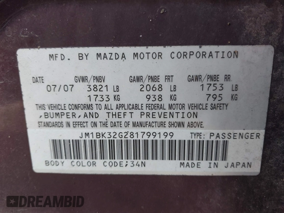 2008 Mazda 3 i Touring with VIN JM1BK32G281799199, listed as a IAAI auction lot 41830333 with 169,580 mi miles and . Bid and sale history available at DreamBid. Image 9.
