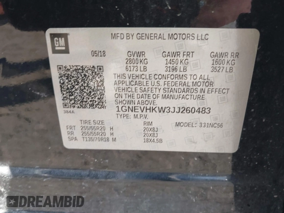 2018 Chevrolet Traverse LT Leather with VIN 1GNEVHKW3JJ260483, listed as a IAAI auction lot 41636632 with 103,348 mi miles. Bid and sale history available at carsss.com. Image 9.