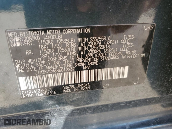 2008 Toyota RAV4 Sport with VIN JTMZK32V686012237, listed as a Copart auction lot 49598885 with 193,871 mi miles and Salvage title. Bid and sale history available at DreamBid. Image 12.