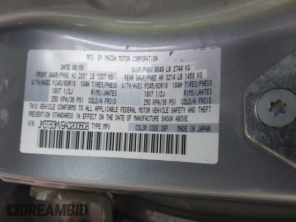 2010 Mazda CX-9 Touring with VIN JM3TB3MV9A0200608, listed as a IAAI auction lot 42369961 with 229,226 mi miles and . Bid and sale history available at DreamBid. Image 9.
