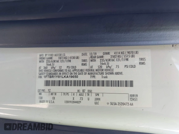 2020 Ford Transit Cargo with VIN 1FTBR1Y81LKA19650, listed as a IAAI auction lot 42727232 with 103,676 mi miles and . Bid and sale history available at DreamBid. Image 9.