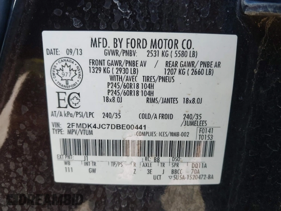 2013 Ford Edge SEL with VIN 2FMDK4JC7DBE00441, listed as a IAAI auction lot 41661591 with 131,411 mi miles. Bid and sale history available at carsss.com. Image 9.