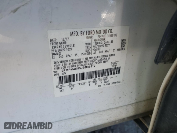 2018 Ford Edge Titanium with VIN 2FMPK4K85JBB36512, listed as a Copart auction lot 45997105 with 126,720 mi miles and Salvage Title. Bid and sale history available at carsss.com. Image 15.