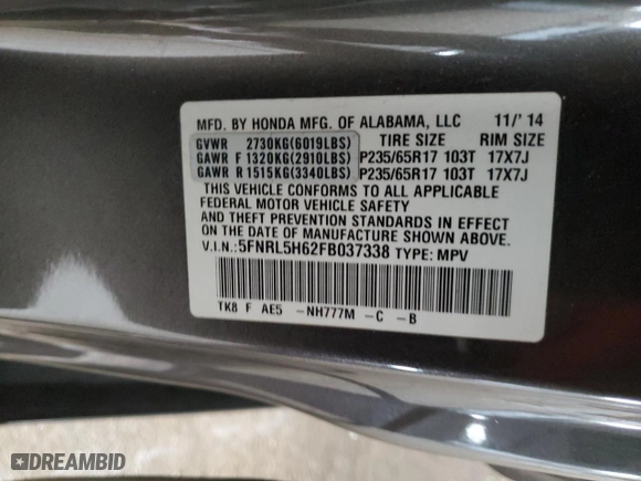 2015 Honda Odyssey EX-L with VIN 5FNRL5H62FB037338, listed as a Copart auction lot 43087485 with 134,579 mi miles and Salvage Title. Bid and sale history available at carsss.com. Image 13.