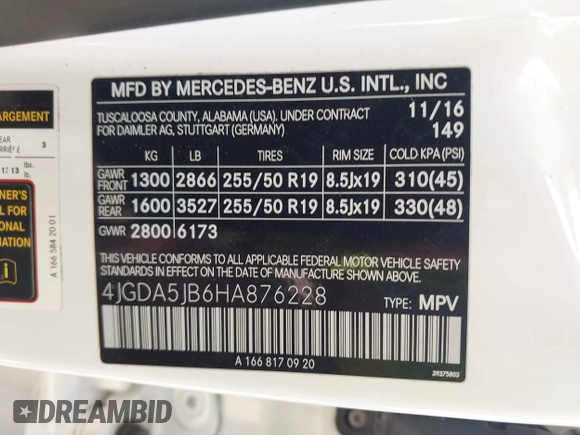 2017 Mercedes-Benz GLE 350 with VIN 4JGDA5JB6HA876228, listed as a IAAI auction lot 42160360 with 128,917 mi miles and . Bid and sale history available at DreamBid. Image 9.