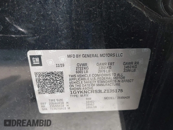 2020 Cadillac XT5 Premium Luxury FWD with VIN 1GYKNCRS3LZ135175, listed as a IAAI auction lot 42260877 with 91,382 mi miles and . Bid and sale history available at DreamBid. Image 9.
