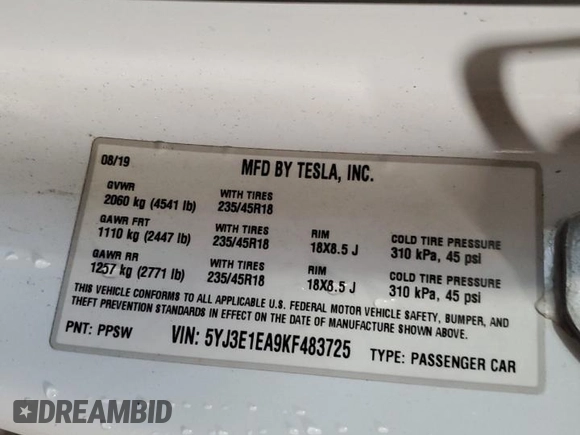 2019 Tesla Model 3 Mid Range z VIN 5YJ3E1EA9KF483725, wystawiony jako Copart lot #42035435 z przebiegiem 43 340 mil mil oraz Czysty tytuł • Clean title. Historia ofert i sprzedaży dostępna na DreamBid. Obrazek 12.