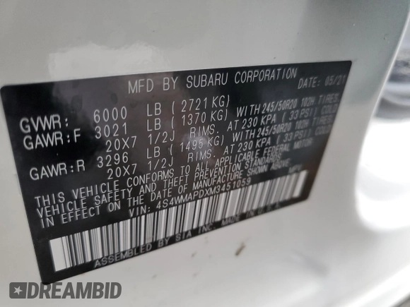 2021 Subaru Ascent Limited с VIN 4S4WMAPDXM3451059, выставлен на аукционе Copart как лот 46691805 с пробегом Не указан миль и Списание • Salvage title. История ставок и продаж доступна на DreamBid. Изображение 15.